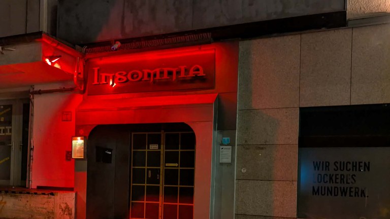 INSOMNIA Berlin - Entrance and neon sign of the swinger and sex-positive club in Berlin, Germany